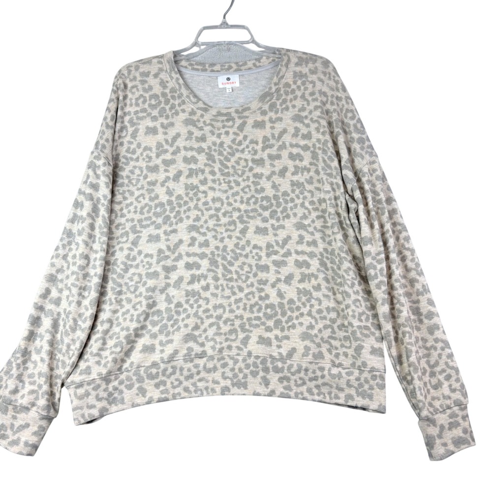 Sundry 4 US XL Gray Leopard Print Long Sleeve Relaxed Crew Neck Sweatshirt Boho